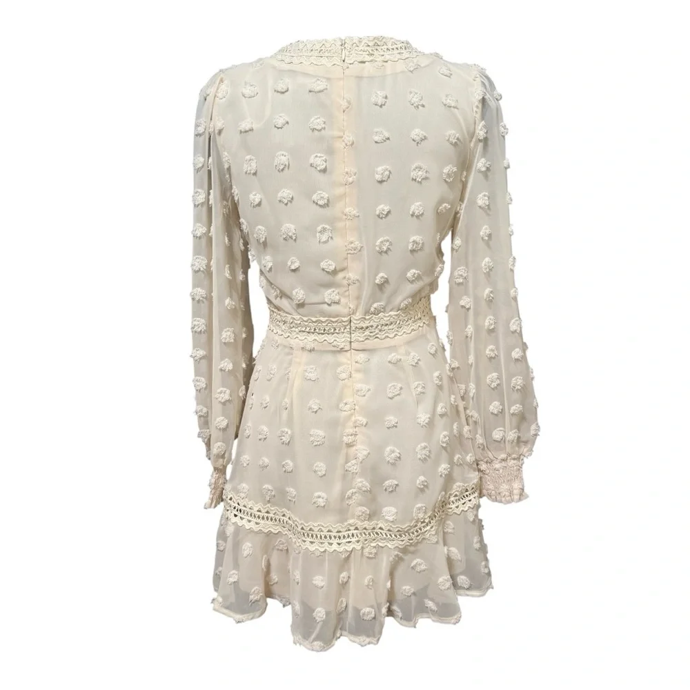 Lulus Might Be Magic Ivory Clip Dot Lace Long Sleeve Ruffle Mini Dress Small NWT - Picture 7 of 12